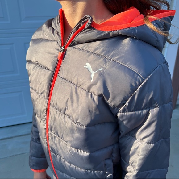 Puma Zip Up Hooded Jacket Orange and Gray Kids Medium (10-12) - Picture 3 of 10